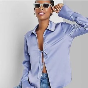 Wild Fable Blue Satin Long Sleeved Tie Blouse Blouse XXS